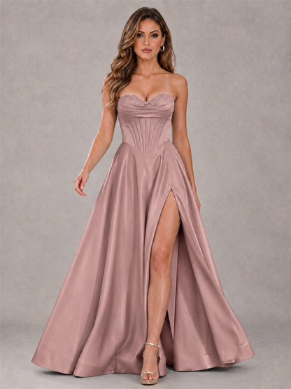 Strapless Corset Formal Dress Lace Applique High Slit Satin Prom Gown