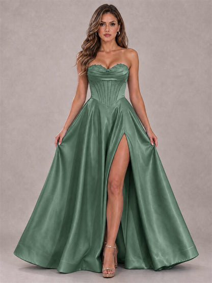 Strapless Corset Formal Dress Lace Applique High Slit Satin Prom Gown