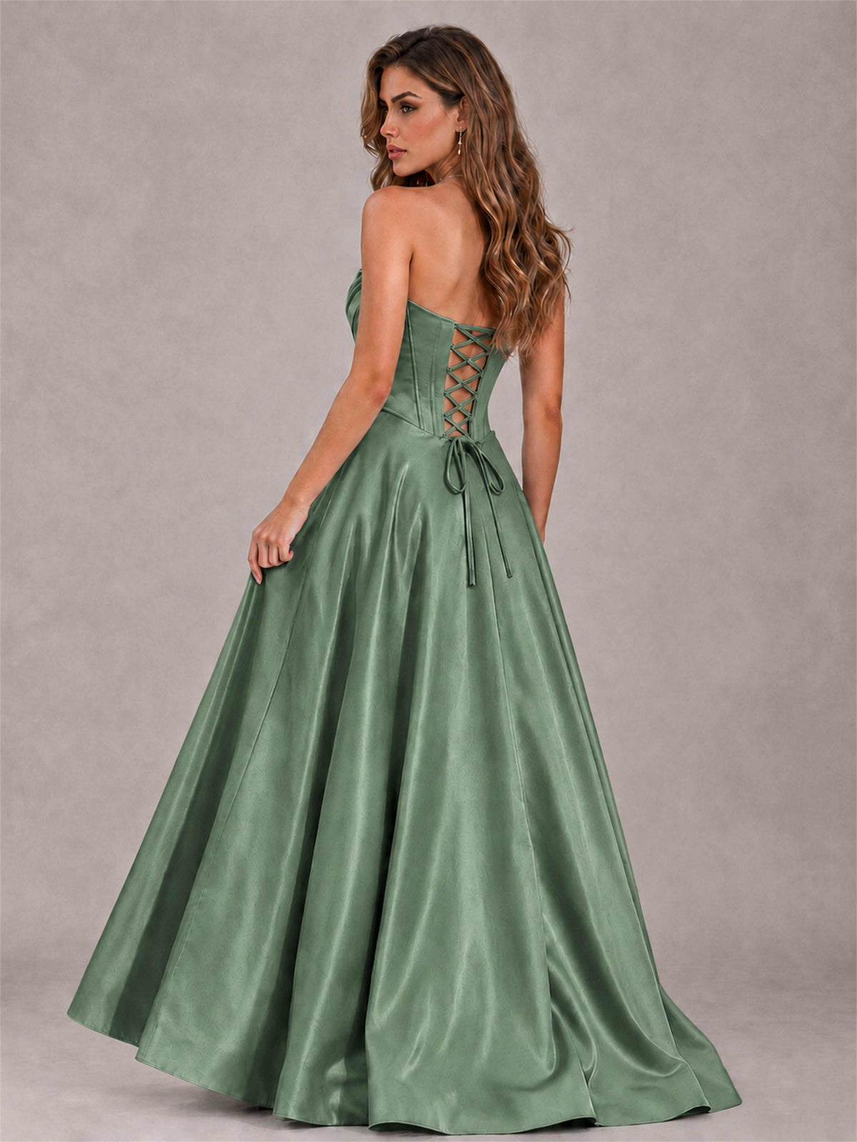 Strapless Corset Formal Dress Lace Applique High Slit Satin Prom Gown