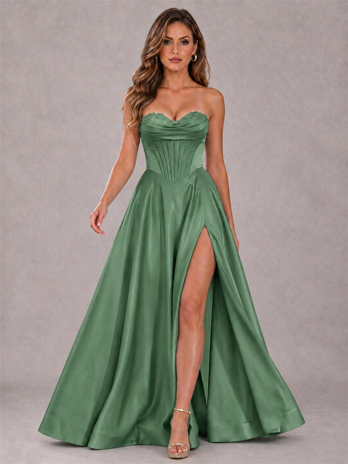 Strapless Corset Formal Dress Lace Applique High Slit Satin Prom Gown