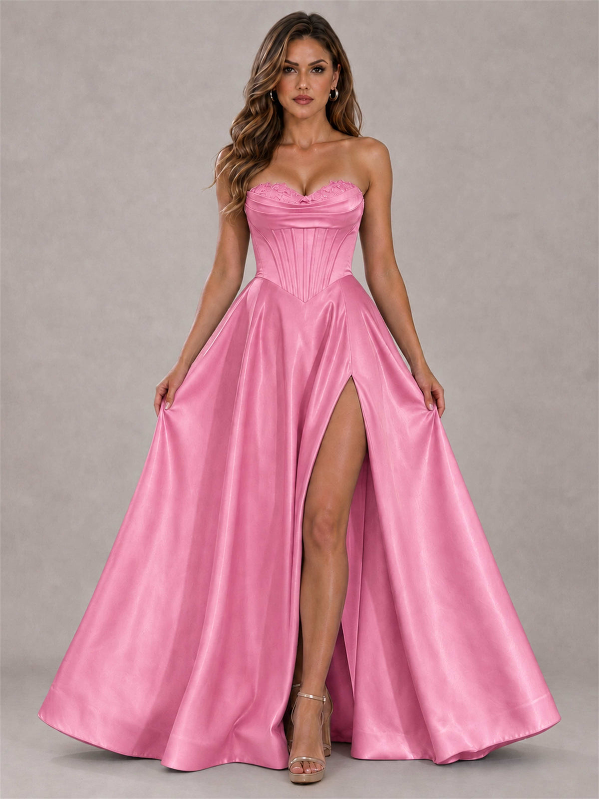 Strapless Corset Formal Dress Lace Applique High Slit Satin Prom Gown