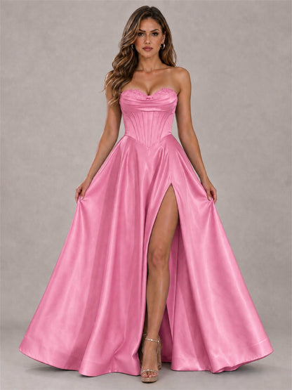 Strapless Corset Formal Dress Lace Applique High Slit Satin Prom Gown