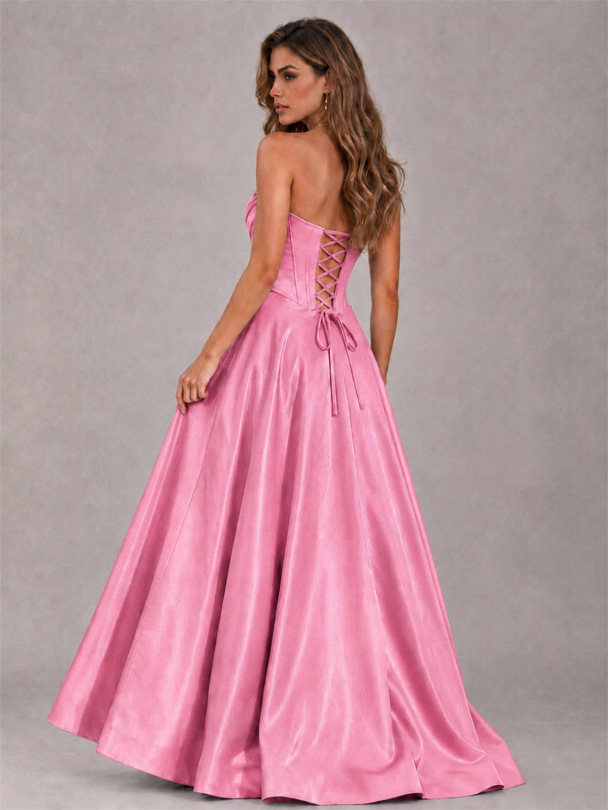 Strapless Corset Formal Dress Lace Applique High Slit Satin Prom Gown
