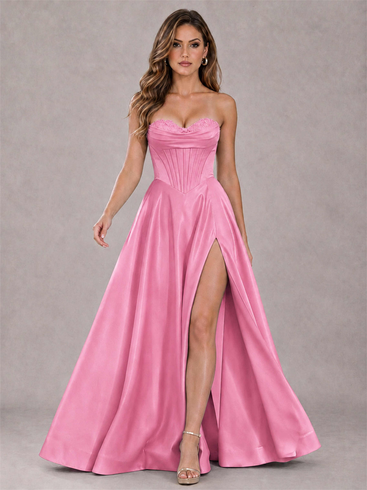 Strapless Corset Formal Dress Lace Applique High Slit Satin Prom Gown