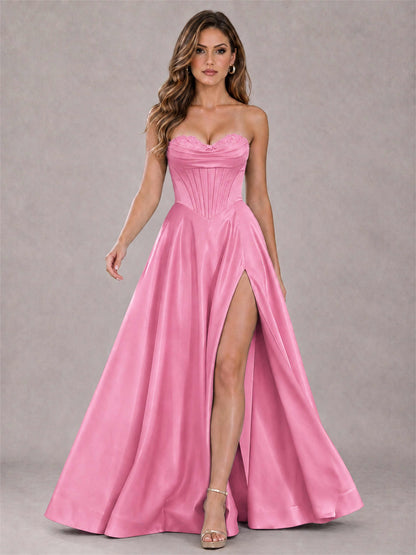 Strapless Corset Formal Dress Lace Applique High Slit Satin Prom Gown