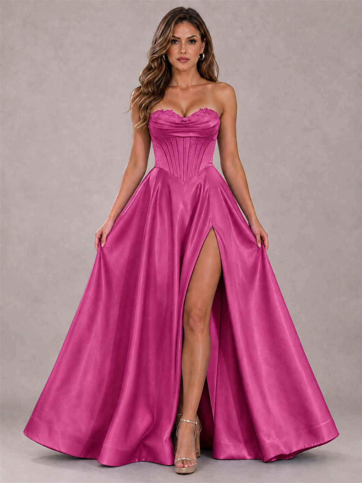 Strapless Corset Formal Dress Lace Applique High Slit Satin Prom Gown