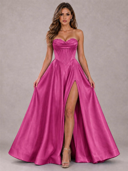 Strapless Corset Formal Dress Lace Applique High Slit Satin Prom Gown