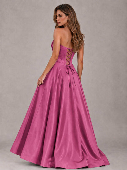 Strapless Corset Formal Dress Lace Applique High Slit Satin Prom Gown