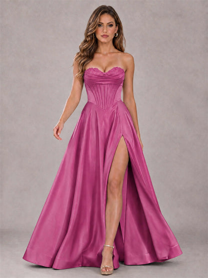 Strapless Corset Formal Dress Lace Applique High Slit Satin Prom Gown
