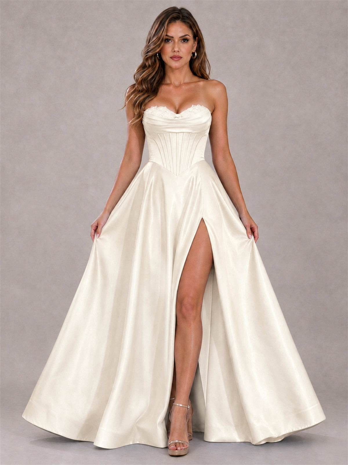 Strapless Corset Formal Dress Lace Applique High Slit Satin Prom Gown