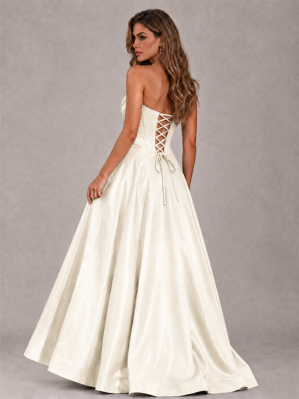 Strapless Corset Formal Dress Lace Applique High Slit Satin Prom Gown