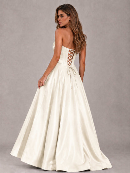 Strapless Corset Formal Dress Lace Applique High Slit Satin Prom Gown