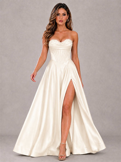 Strapless Corset Formal Dress Lace Applique High Slit Satin Prom Gown