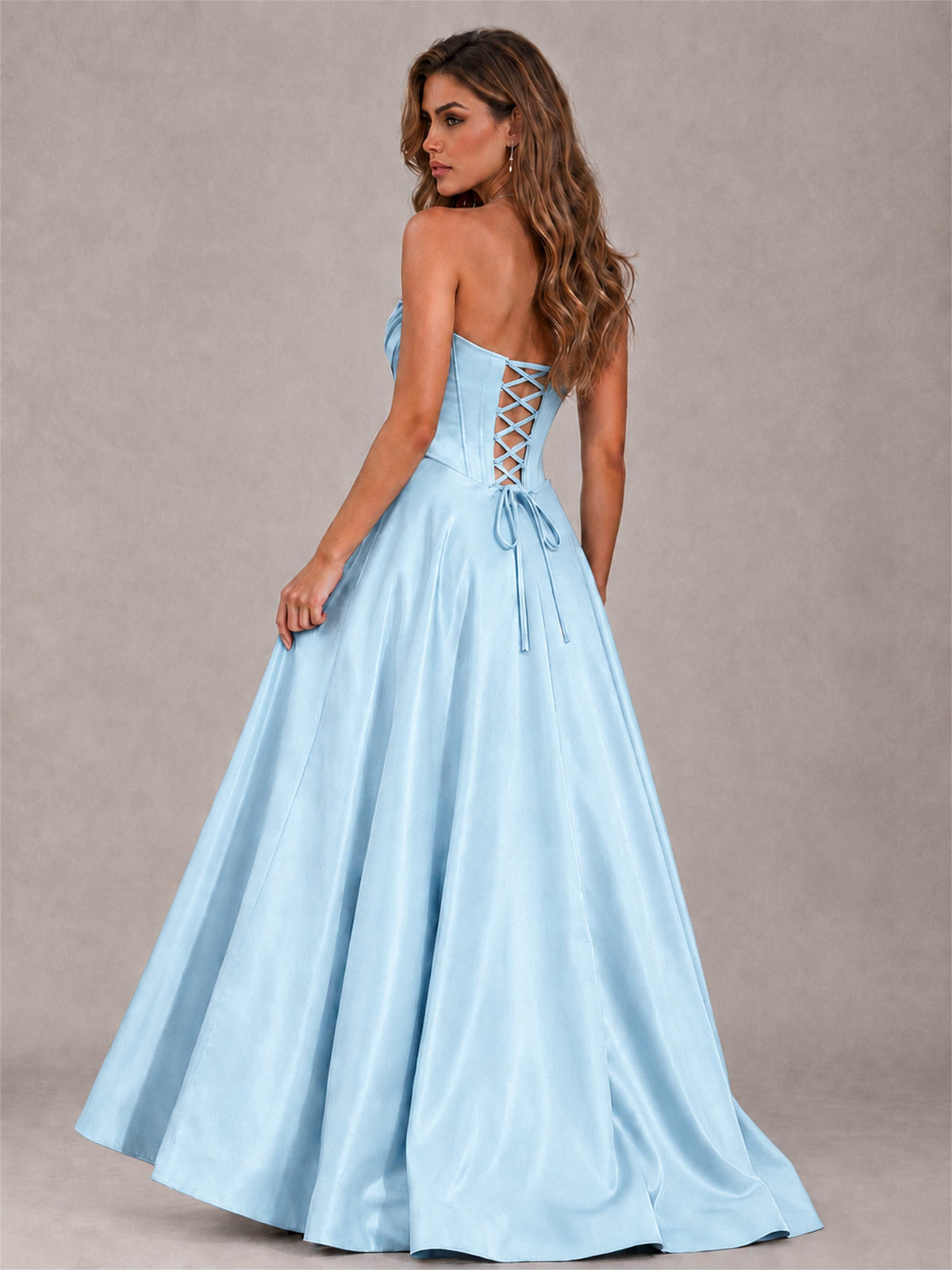 Strapless Corset Formal Dress Lace Applique High Slit Satin Prom Gown
