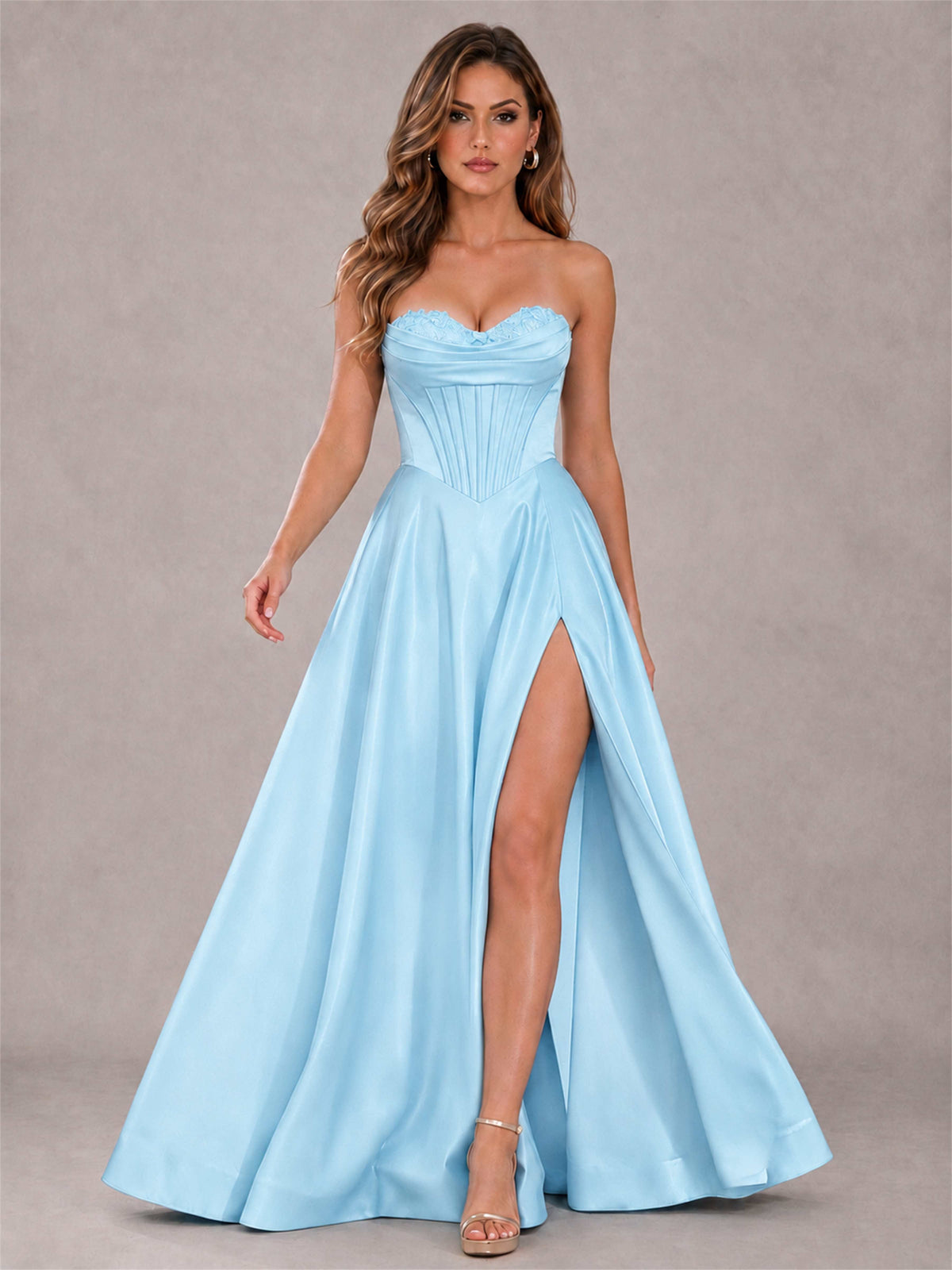 Strapless Corset Formal Dress Lace Applique High Slit Satin Prom Gown