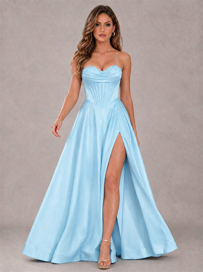 Strapless Corset Formal Dress Lace Applique High Slit Satin Prom Gown