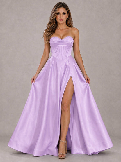 Strapless Corset Formal Dress Lace Applique High Slit Satin Prom Gown