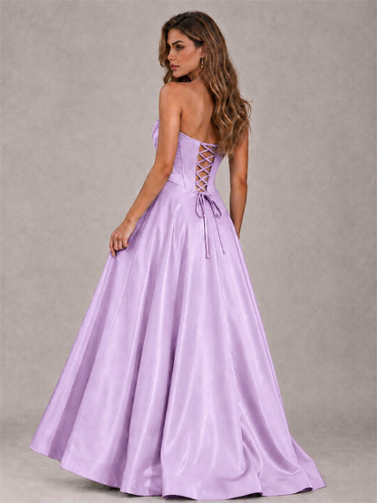 Strapless Corset Formal Dress Lace Applique High Slit Satin Prom Gown