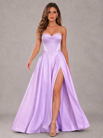 Strapless Corset Formal Dress Lace Applique High Slit Satin Prom Gown