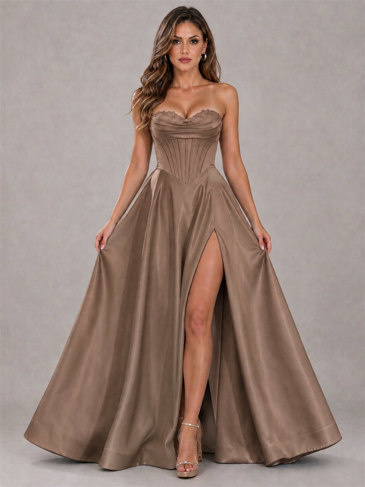 Strapless Corset Formal Dress Lace Applique High Slit Satin Prom Gown
