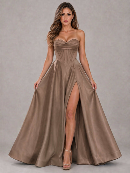Strapless Corset Formal Dress Lace Applique High Slit Satin Prom Gown