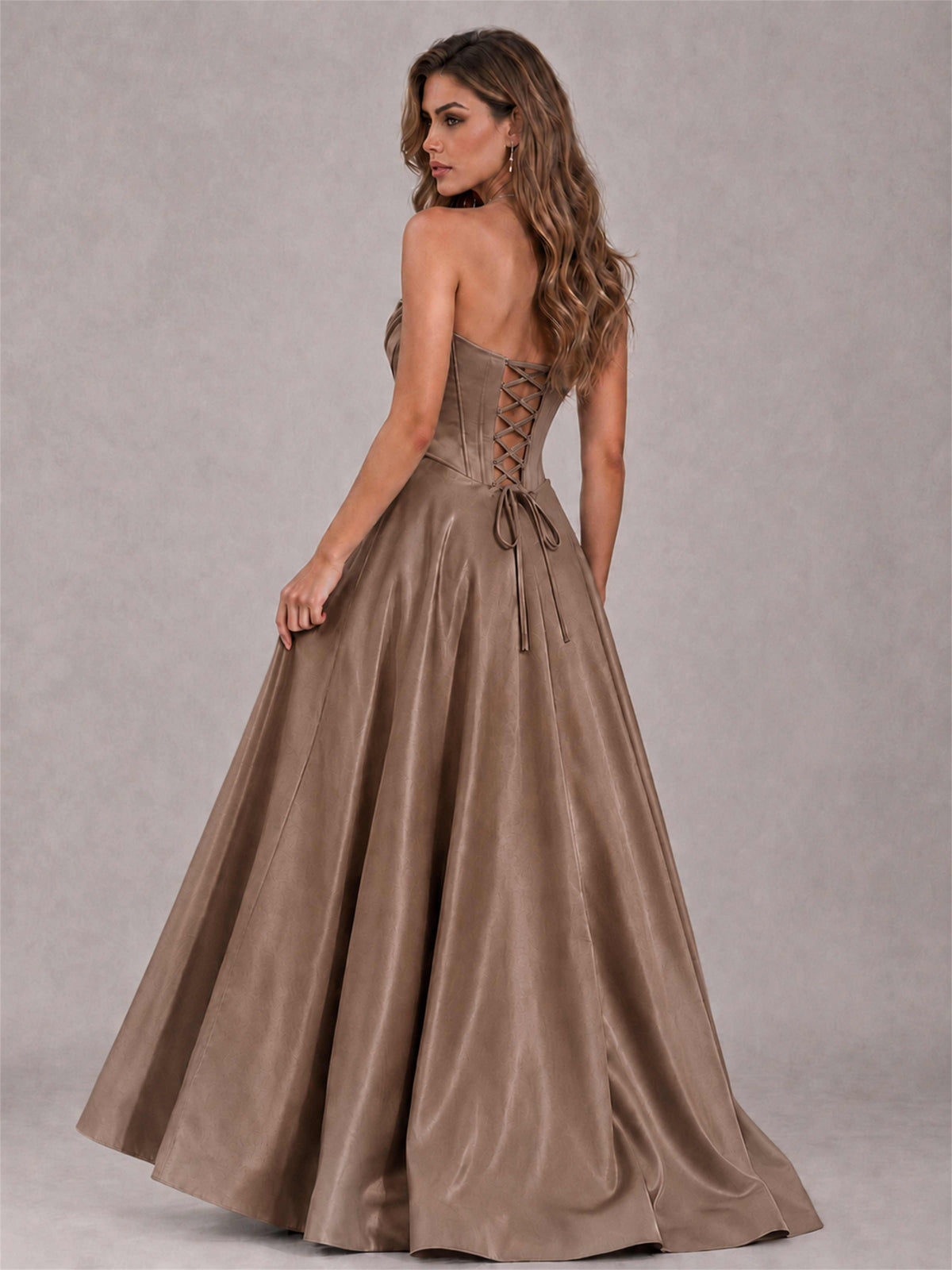 Strapless Corset Formal Dress Lace Applique High Slit Satin Prom Gown