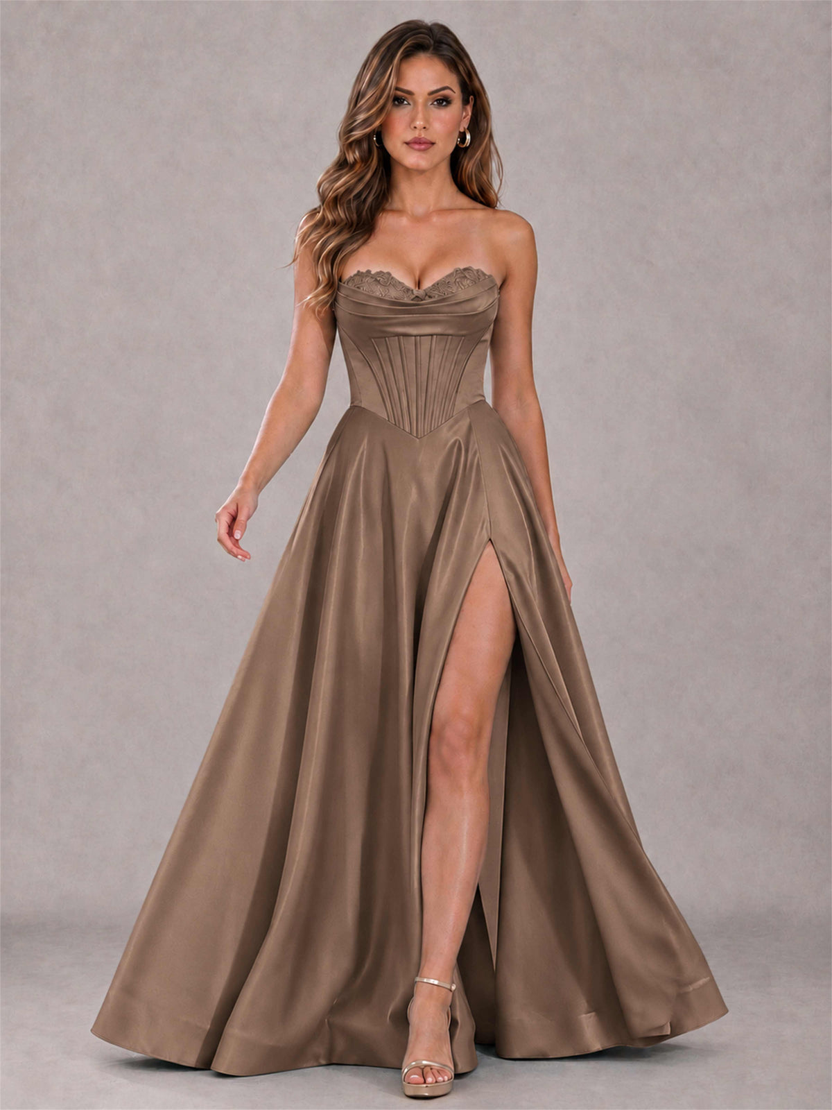 Strapless Corset Formal Dress Lace Applique High Slit Satin Prom Gown