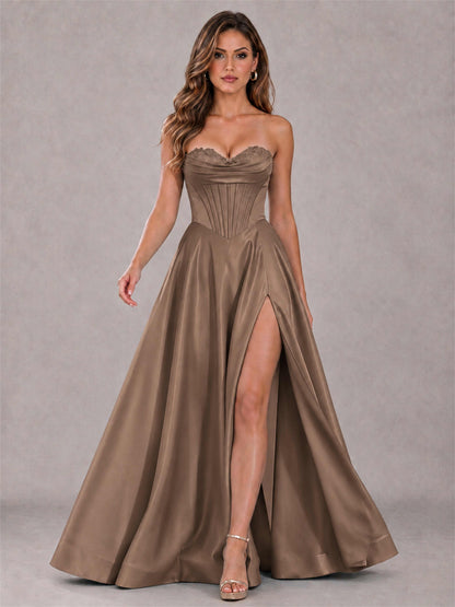 Strapless Corset Formal Dress Lace Applique High Slit Satin Prom Gown