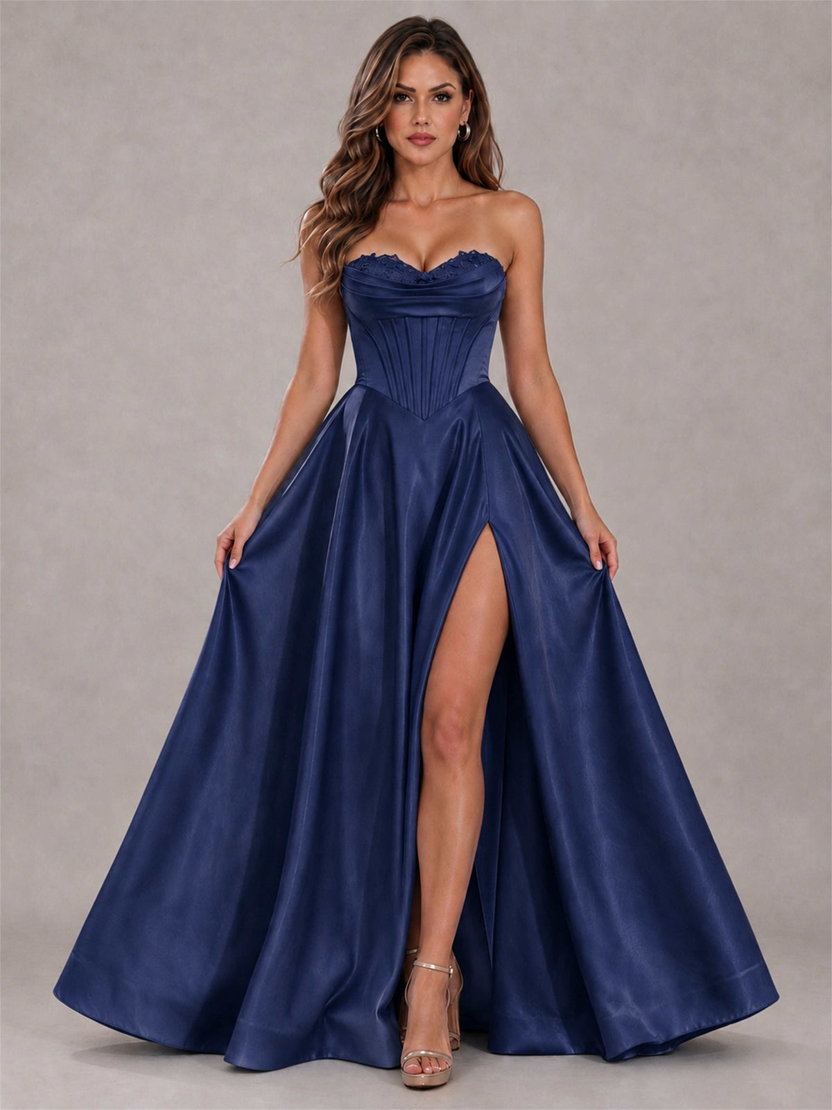Strapless Corset Formal Dress Lace Applique High Slit Satin Prom Gown