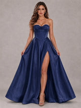 Strapless Corset Formal Dress Lace Applique High Slit Satin Prom Gown