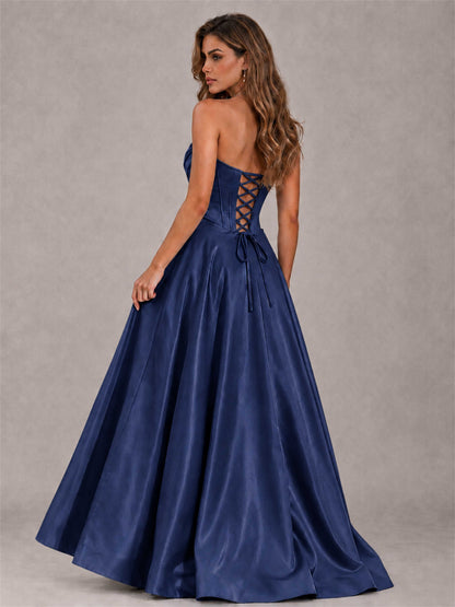 Strapless Corset Formal Dress Lace Applique High Slit Satin Prom Gown