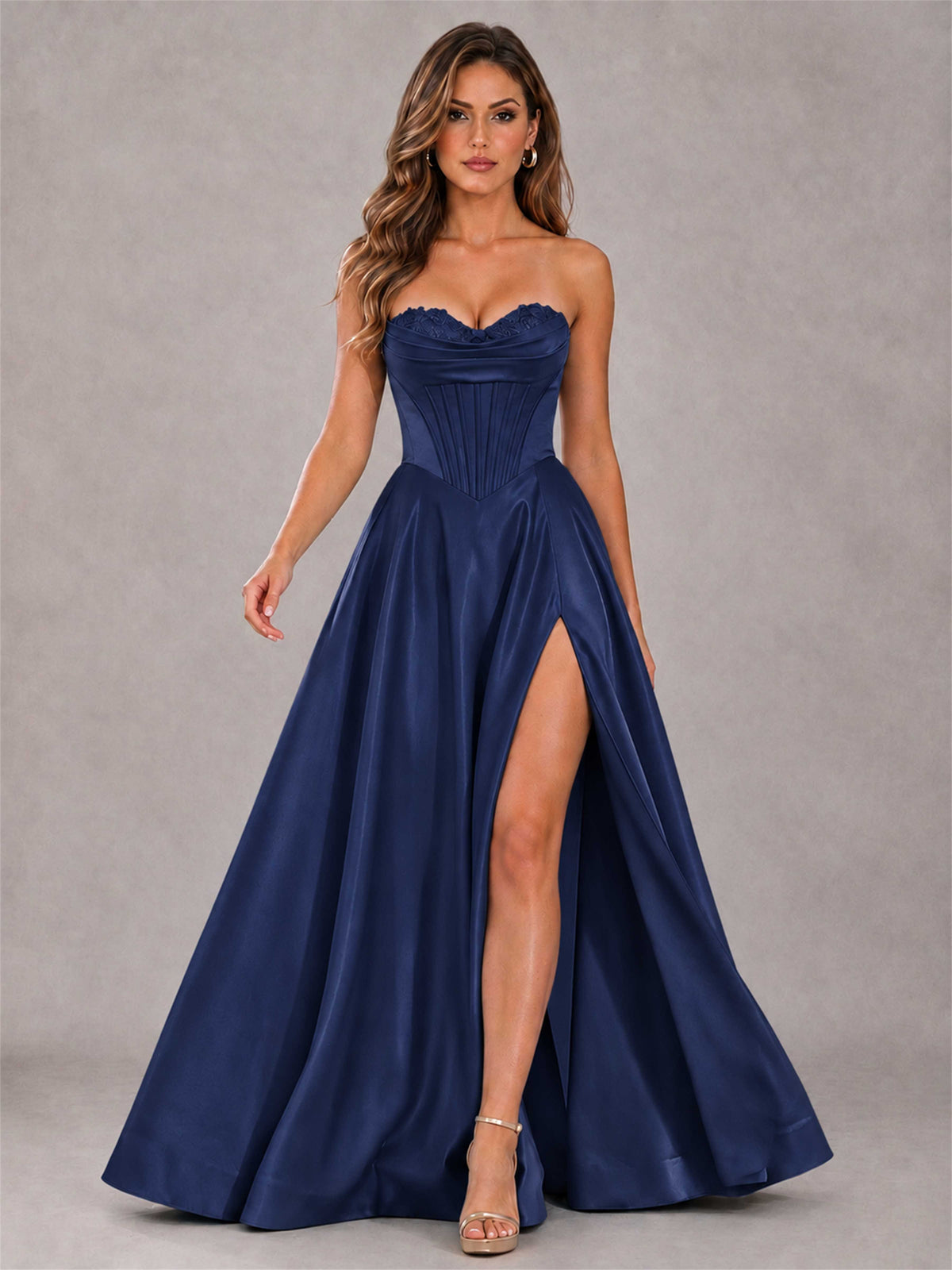 Strapless Corset Formal Dress Lace Applique High Slit Satin Prom Gown