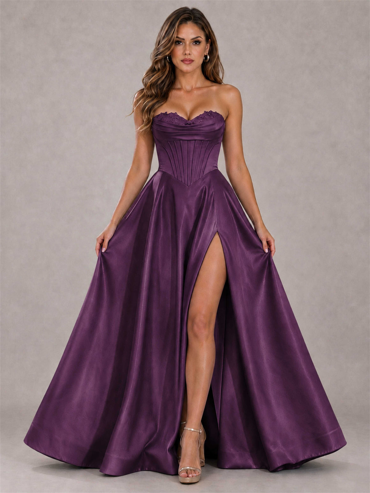 Strapless Corset Formal Dress Lace Applique High Slit Satin Prom Gown