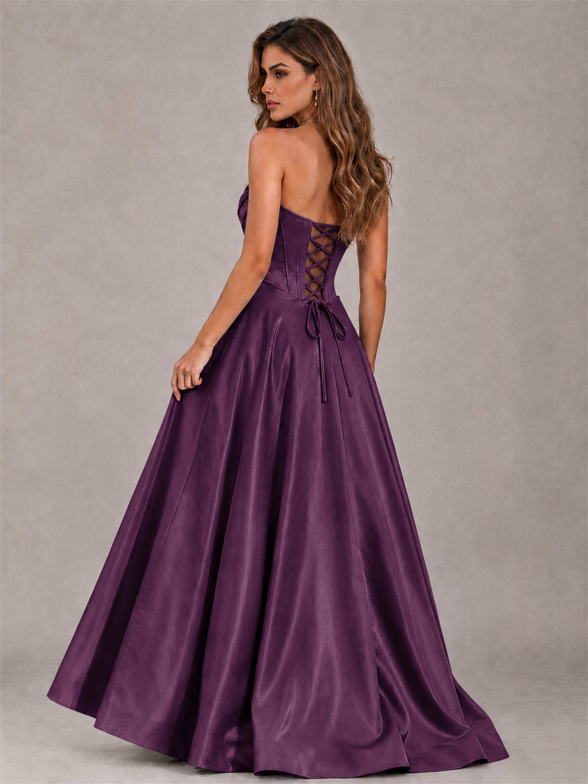 Strapless Corset Formal Dress Lace Applique High Slit Satin Prom Gown