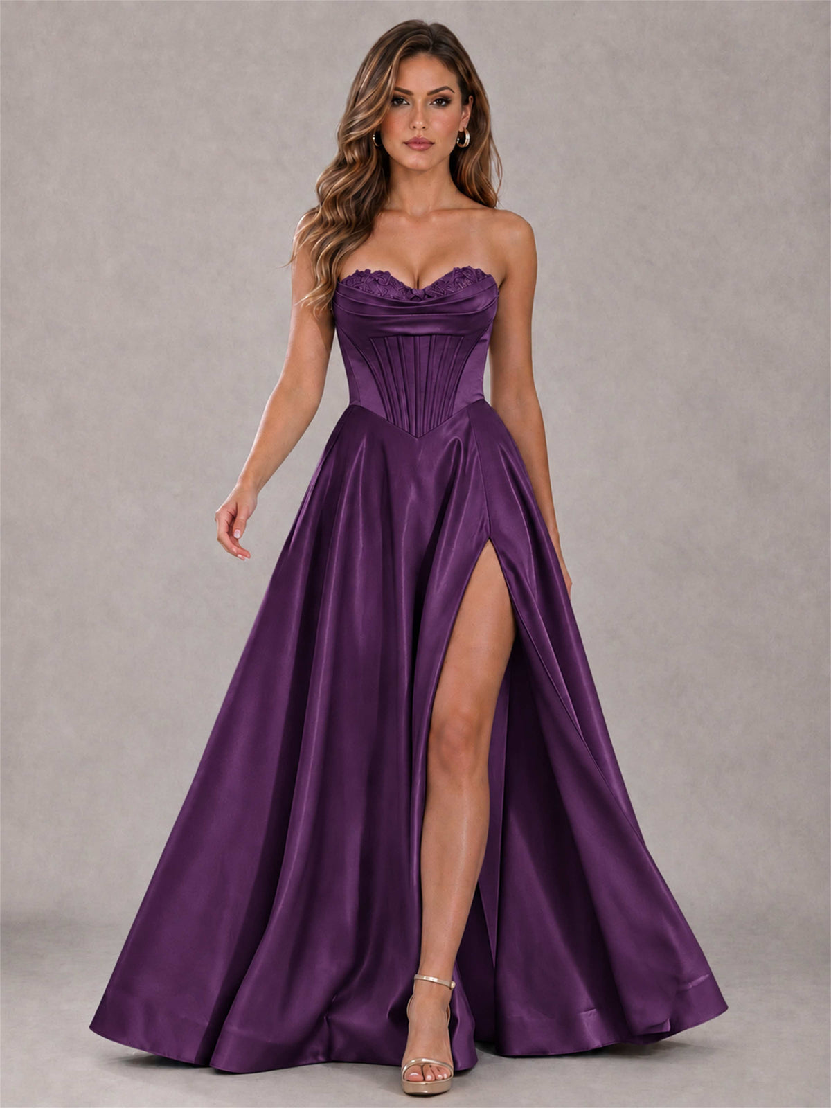 Strapless Corset Formal Dress Lace Applique High Slit Satin Prom Gown