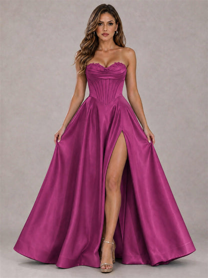 Strapless Corset Formal Dress Lace Applique High Slit Satin Prom Gown