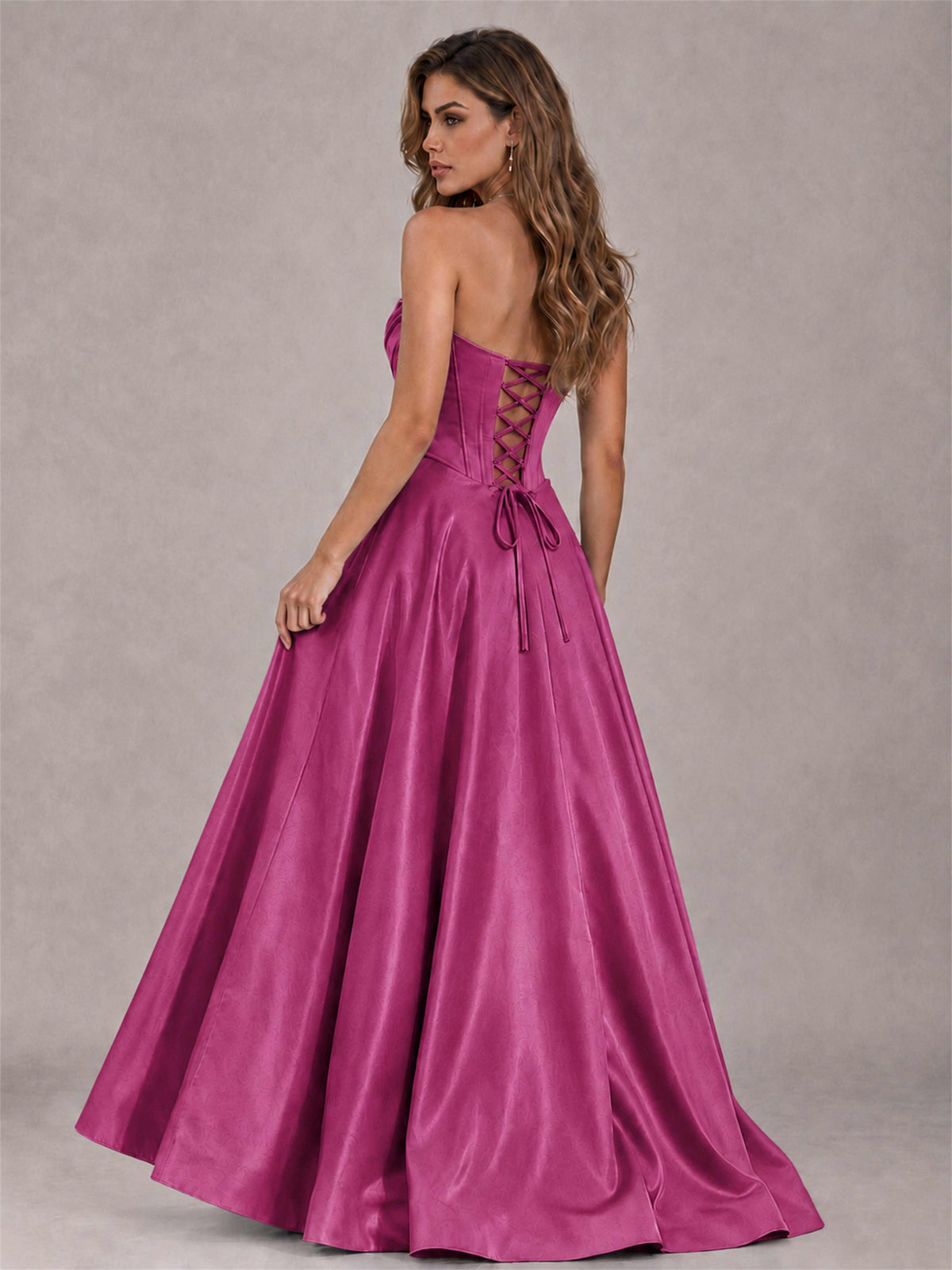 Strapless Corset Formal Dress Lace Applique High Slit Satin Prom Gown