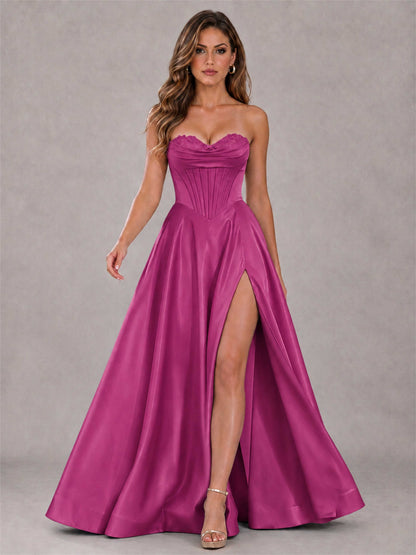 Strapless Corset Formal Dress Lace Applique High Slit Satin Prom Gown