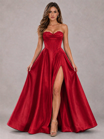 Strapless Corset Formal Dress Lace Applique High Slit Satin Prom Gown