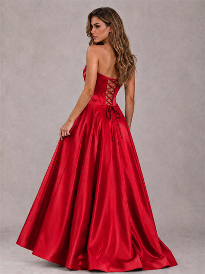 Strapless Corset Formal Dress Lace Applique High Slit Satin Prom Gown