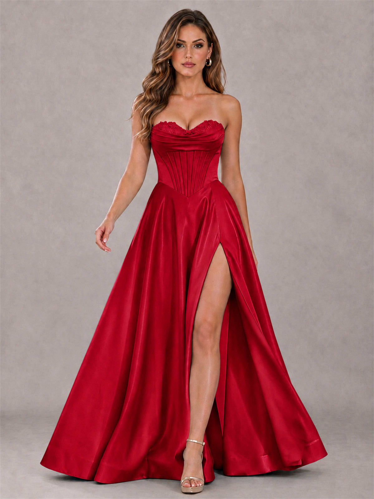 Strapless Corset Formal Dress Lace Applique High Slit Satin Prom Gown