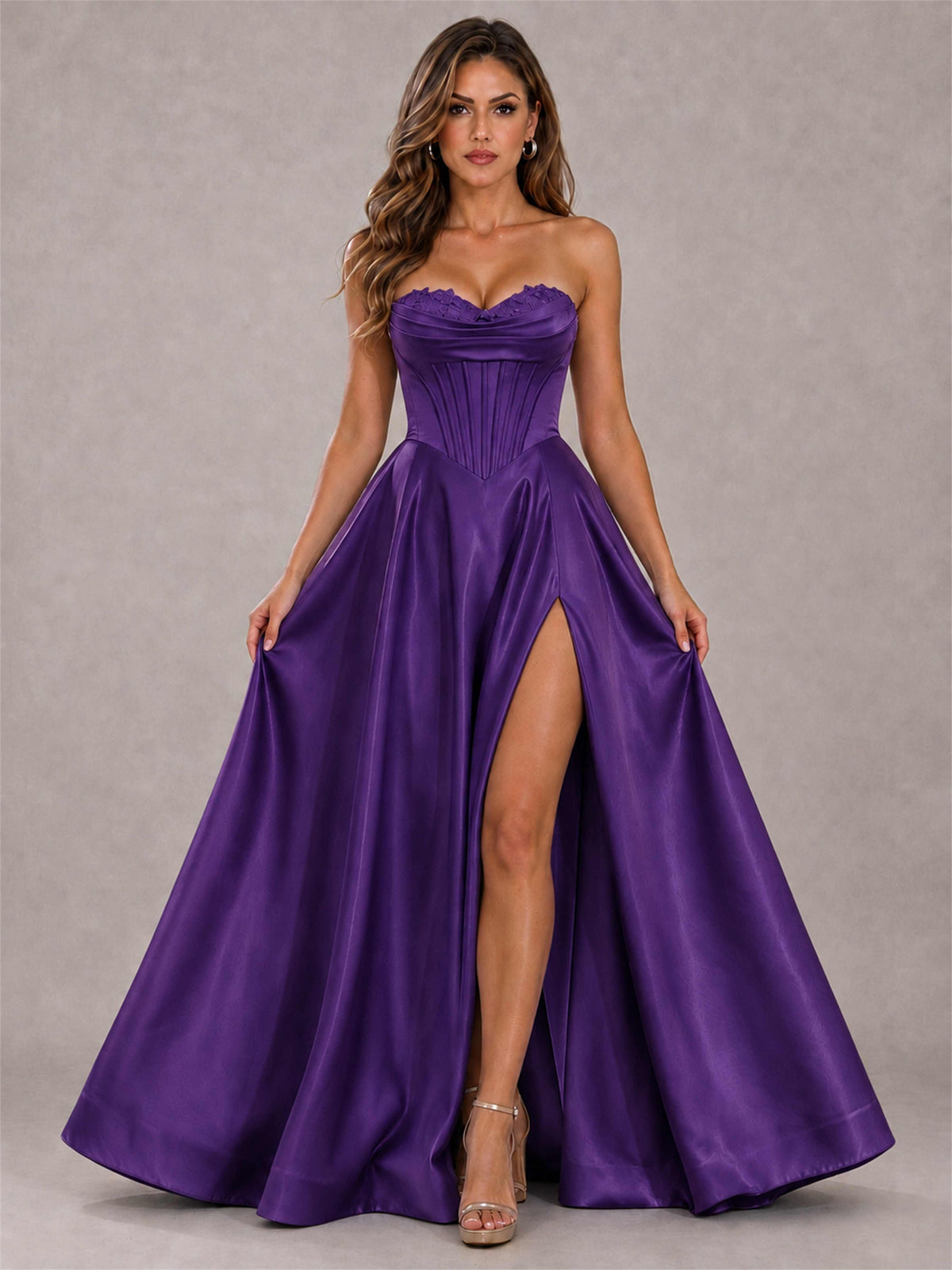 Strapless Corset Formal Dress Lace Applique High Slit Satin Prom Gown