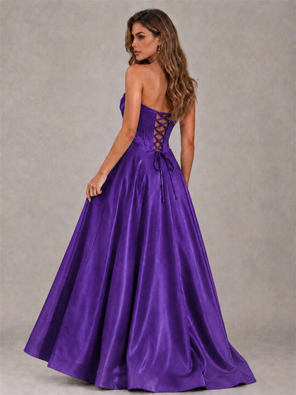 Strapless Corset Formal Dress Lace Applique High Slit Satin Prom Gown