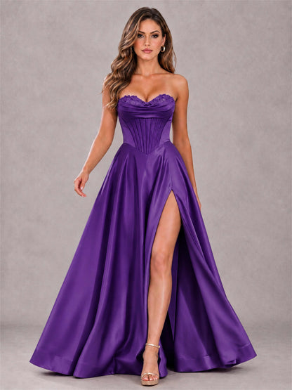 Strapless Corset Formal Dress Lace Applique High Slit Satin Prom Gown