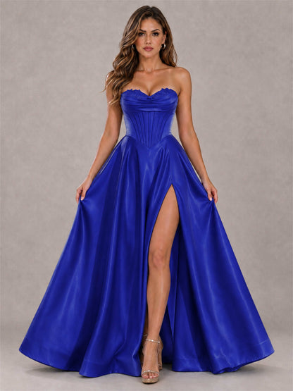 Strapless Corset Formal Dress Lace Applique High Slit Satin Prom Gown