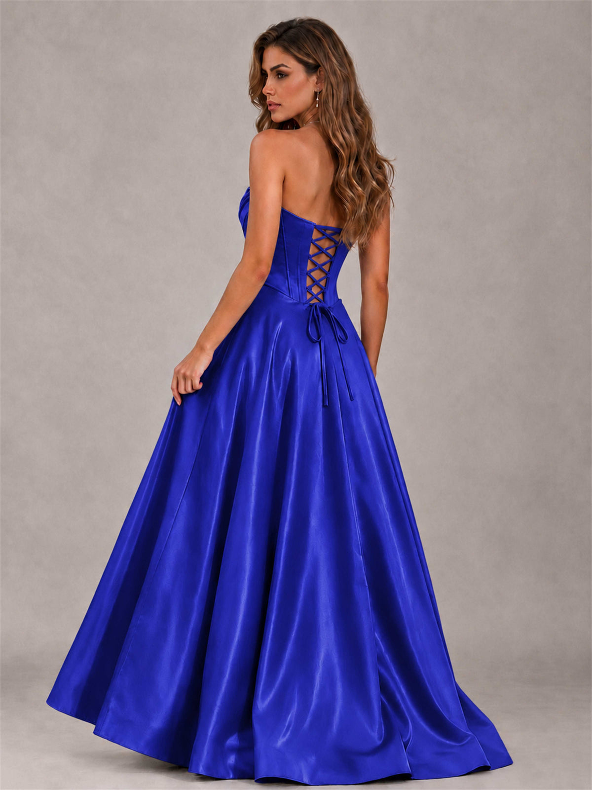 Strapless Corset Formal Dress Lace Applique High Slit Satin Prom Gown