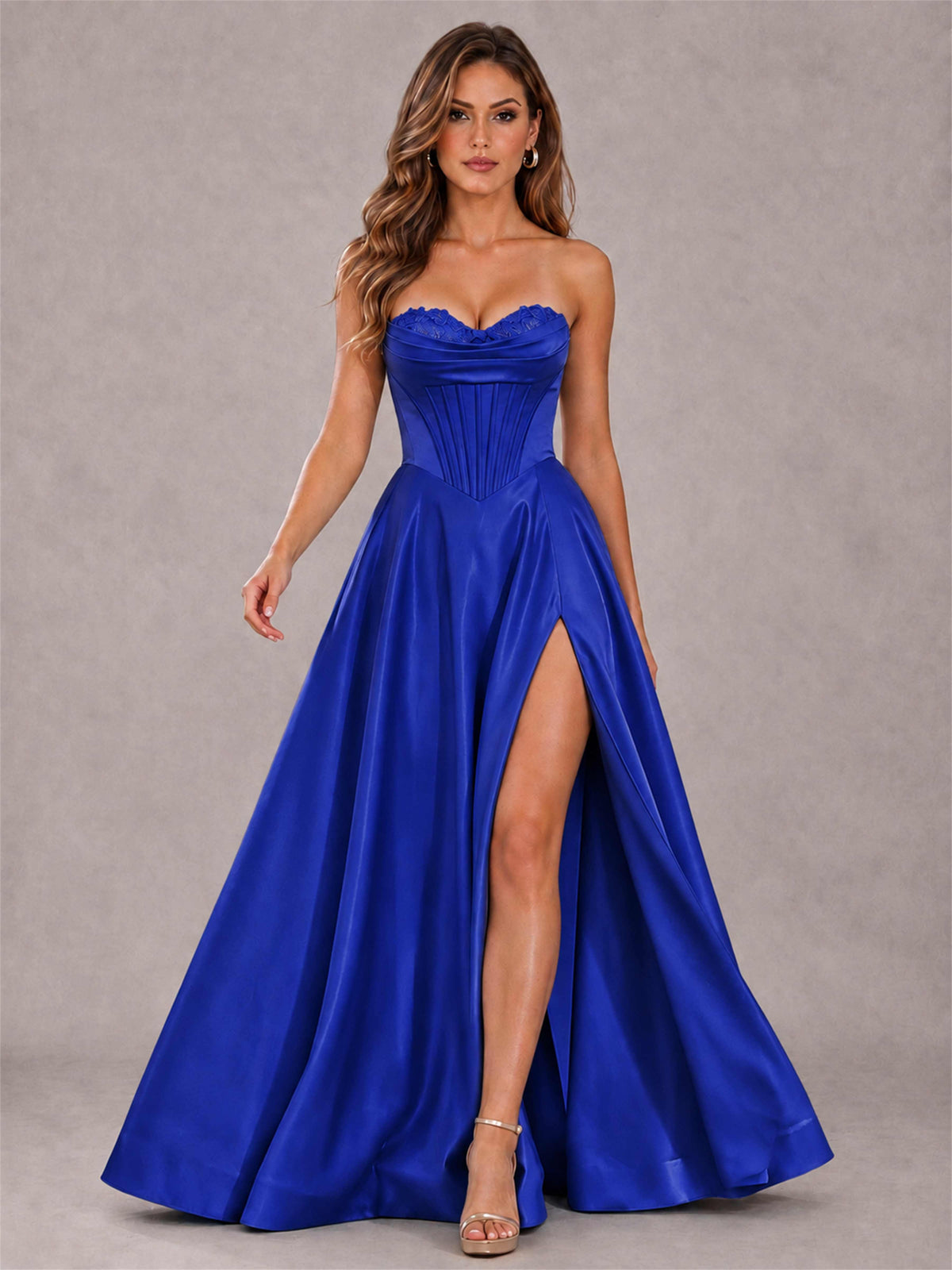Strapless Corset Formal Dress Lace Applique High Slit Satin Prom Gown