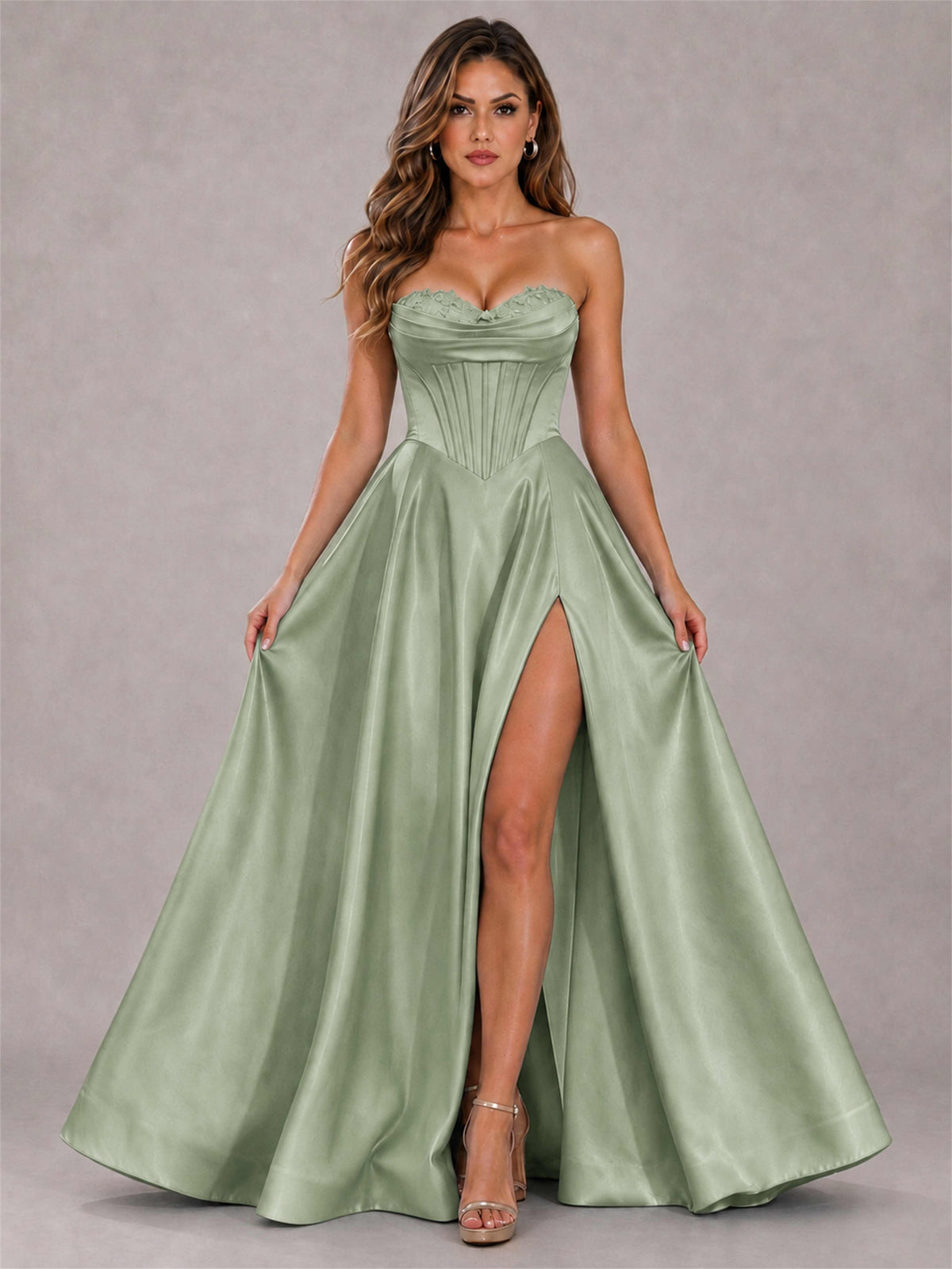 Strapless Corset Formal Dress Lace Applique High Slit Satin Prom Gown