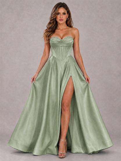 Strapless Corset Formal Dress Lace Applique High Slit Satin Prom Gown