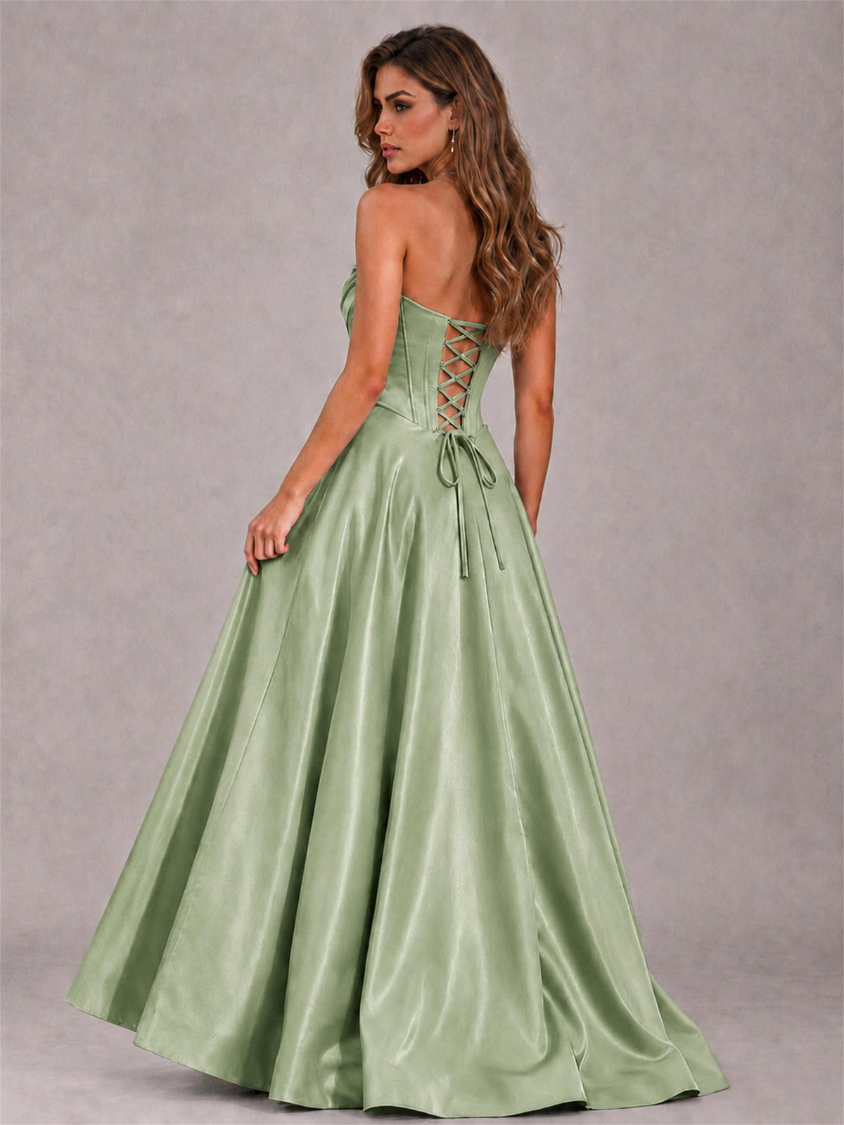 Strapless Corset Formal Dress Lace Applique High Slit Satin Prom Gown